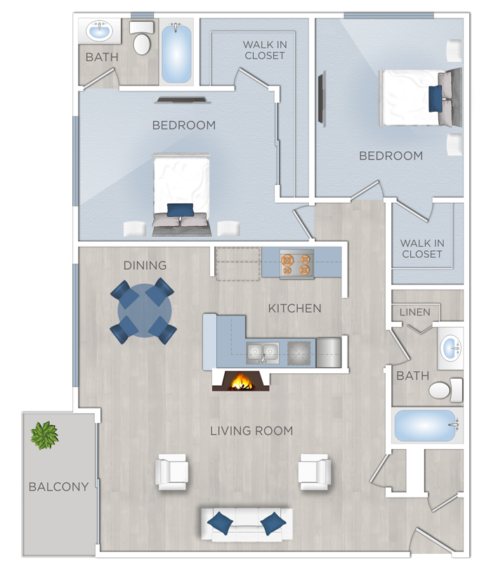 Floor plan for 2 beds, 2 baths, 1160 sqft